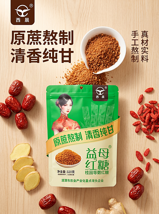 [主图-2] 西晨红糖原料展示主图，适配拼多多平台。[氛围风格] 自然新鲜，突出真材实料，大字直白风格。[画质] 商业摄影质感、光线柔和通透、产品清晰真实、画面干净高级。[元素] 中心展示一袋打开的益母红糖，红糖颗粒倒出在白瓷碗中，周围围绕着整颗的红枣、切段的生姜、干净的枸杞这些核心原料，全部新鲜真实。左上角保留直赢品牌Logo，商品主体占比严格控制在60%-80%之间，画面满屏无边框。保持产品包装外观、颜色和原图一致，杜绝任何变形和色差，精细化处理。[光影] 自然暖阳逆光，突出红糖颗粒的通透质感，原料纹理清晰。[配色] 背景浅原木色自然风，暖色自然配色，突出食材本身的色泽。[视角构图] 俯视平铺构图，原料均匀分布围绕产品，层次分明。[文字版式] 左侧大字主文案“原蔗熬制 清香纯甘”，粗体深色醒目，右侧竖排小字“真材实料 手工熬制”，大小对比清晰，全部不遮挡主体。[比例分辨率] 3:4比例，1536x2048 2k分辨率，文字清晰可辨，超高清。[负向提示词] 变形，水印，文字错乱，产品图模糊，背景杂乱，遮挡主体，牛皮癣，刺眼配色。