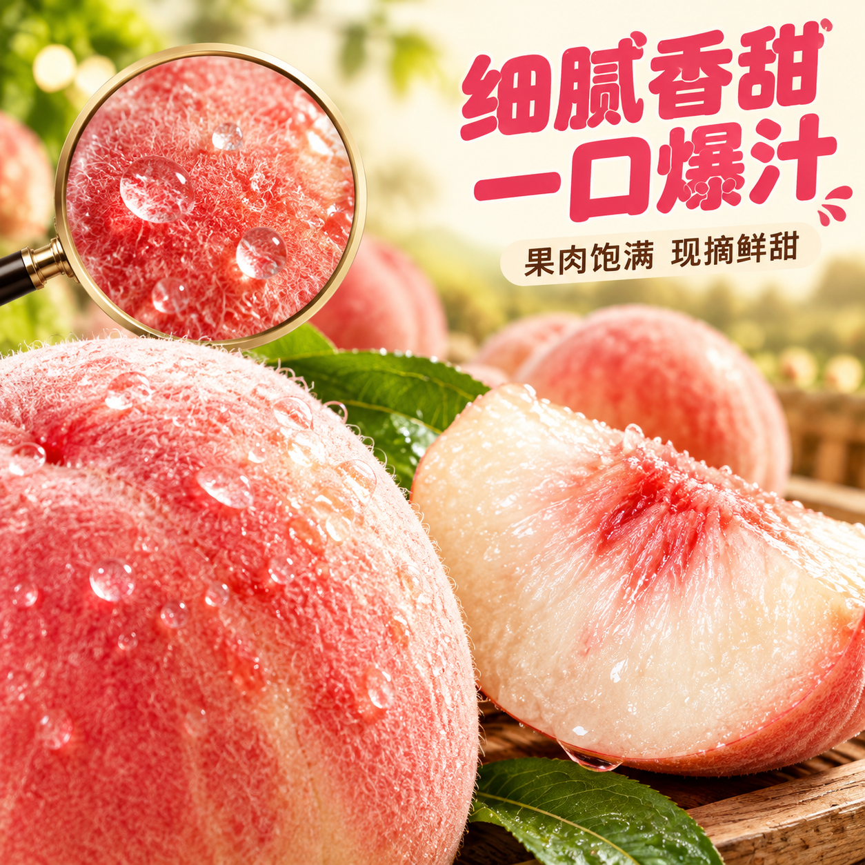 [主图-3] 细节特写信息图：微距放大桃皮绒毛、水珠与果肉纹理… - 图片创意预览