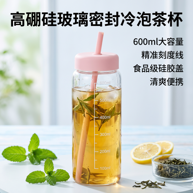 主图展示高硼硅玻璃带刻度冷泡茶杯，罐子装有透亮冷泡茶，搭配粉色硅胶盖，背景干净简约清爽，拼多多电商主图，文字卖点：高硼硅玻璃密封冷泡茶杯，比例1:1预览效果