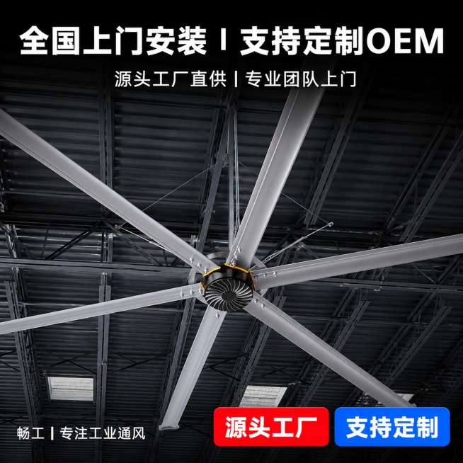 一共四张图1440×1440px尺寸
1440×1440px，工业风产品主图，从地面仰视角度拍摄，
一台白色6.1米6叶工业大吊扇悬挂在钢结构屋顶中央，扇叶完全展开，占据画面60%以上，
金属扇叶有预览效果
