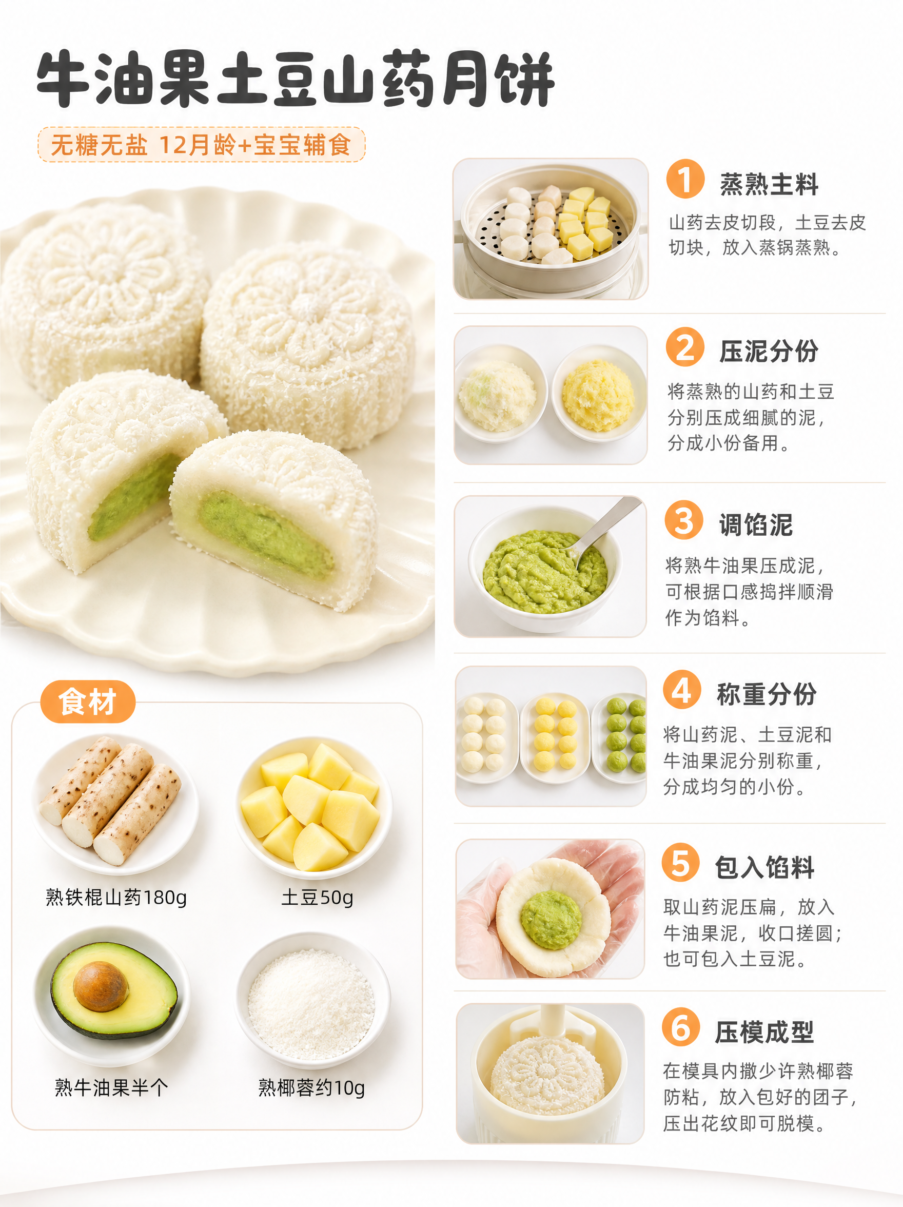 [商品] 牛油果土豆山药宝宝辅食月饼，奶白色山药外皮，表面薄裹… - 图片创意预览