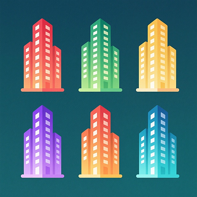 一组6个不同造型的现代城市建筑群图标，每个图标保持相同的简约扁平风格，具有光滑的渐变色彩、细长的矩形建筑轮廓、规律排列的窗户细节和底部柔和的光晕效果，整体采用纯色背景，每个图标使用完全不同的整体色调（如红色系、绿色系、黄色系、紫色系、橙色系、青色系），建筑造型在保持高楼林立的核心元素基础上略有变化（如建筑高度比例、窗户排列方式、整体轮廓），所有图标规整地排列成一行或两行，形成系列化设计素材集合。