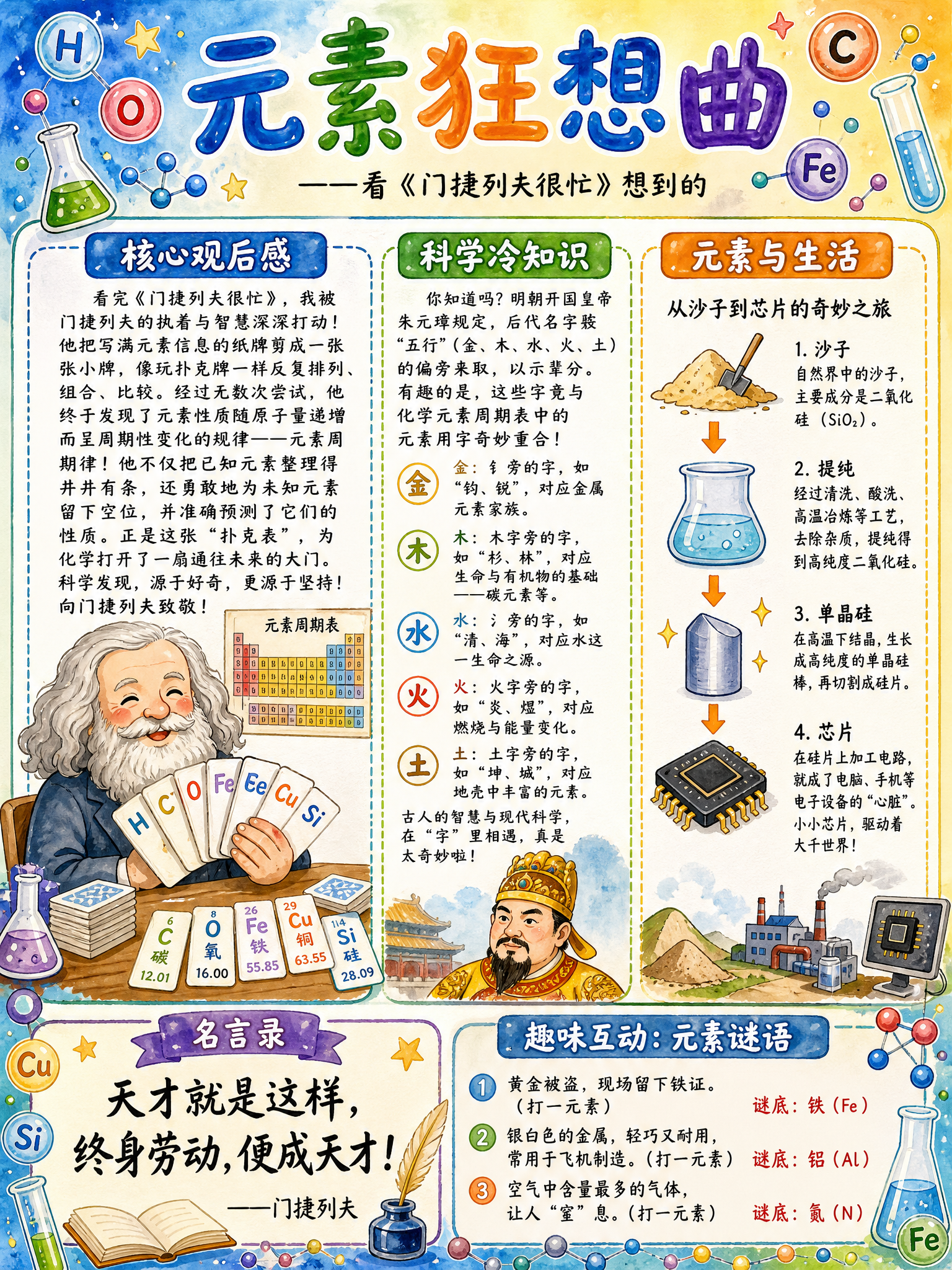 一张竖版化学科普手抄报，主题为「元素狂想曲」，手绘水彩卡通风格… - 图片创意预览