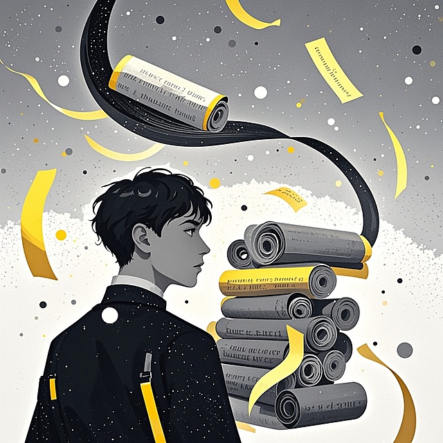 梦幻插画风，超现实主义设计，少年凝视卷轴堆，星月环绕，营造神秘氛围。