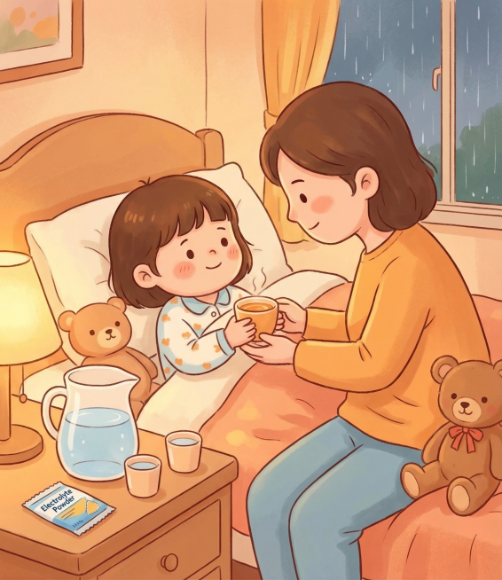 诺如病毒感染护理，优先补水防脱水，少量多次给孩子喝温水补充电解质，保持参考图的卡通可爱手绘插画风格，温暖柔和色调，丰富背景，无文字，科普医疗插图预览效果