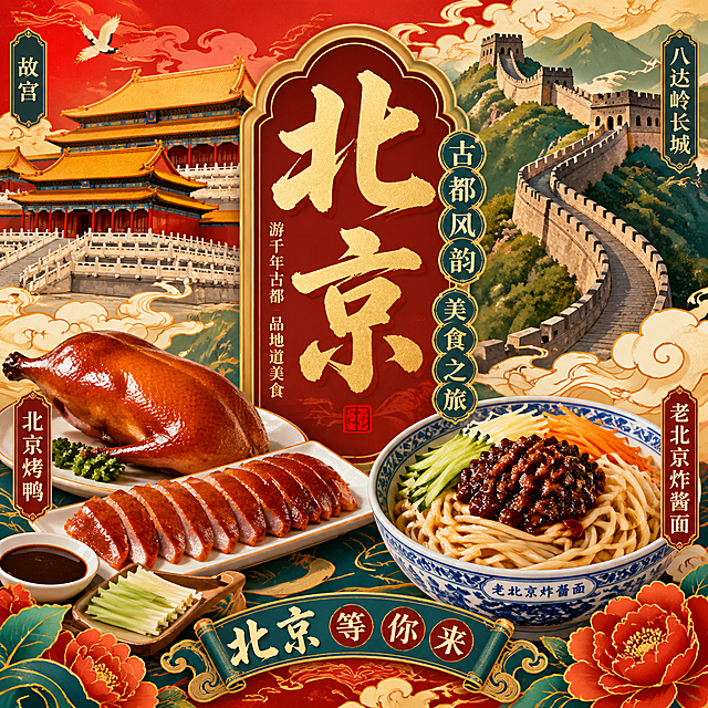 北京旅游景点与美食海报，融合北京故宫、长城标志性景点，北京烤鸭、炸酱面特色美食，国潮风格，色彩浓郁喜庆