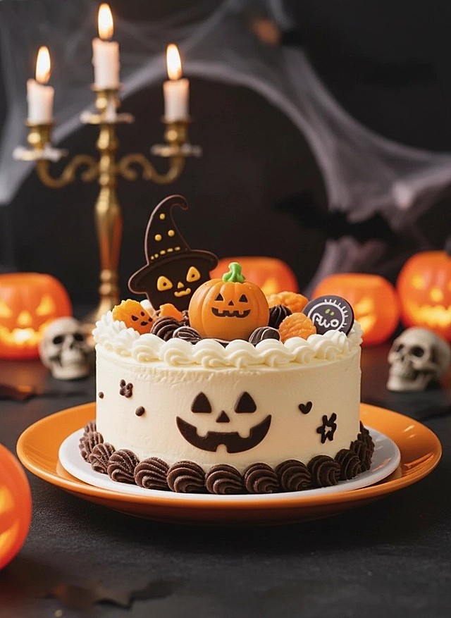 背景：深色，带有金色烛台（蜡烛燃烧）、白色蜘蛛网、南瓜灯、小骷髅头、小南瓜灯、黑色蝙蝠，背景虚化