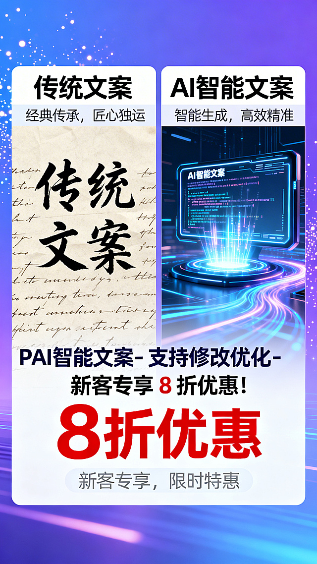 电商促销海报，主题"传统文案 PK AI 智能文案- 支持修改优化- 新客专享 8 折优惠！"，对比对比传统与AI文案，现代科技感风格，突出8折优惠信息