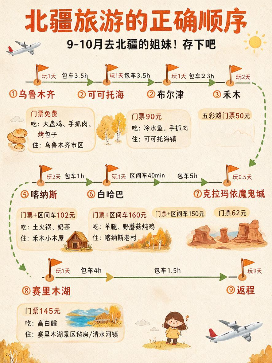 1:1完全复刻参考图片的排版布局结构，将内容替换为北疆旅游手绘… - 图片创意预览