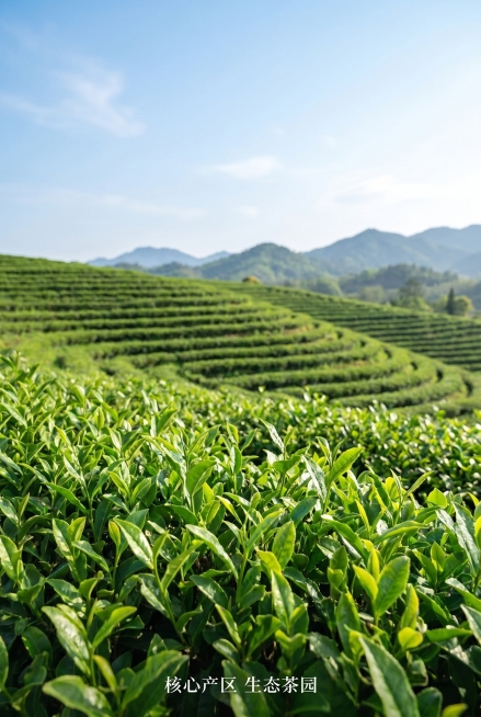 [详情页图2] 茶园环境展示
[风格] 自然原生态，清新干净
[画质] 高清实拍，自然通透，色彩真实
[元素] 广阔青翠的英德茶园远景，层层叠叠茶树延伸至远山，春日空气清新，展现原产地天然环境。保持茶预览效果