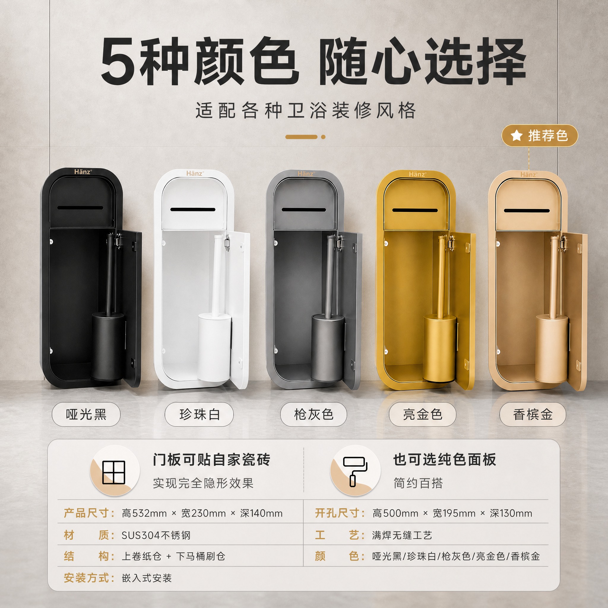 将这张5色SKU参数图重新排版为1:1正方形主图。顶部保留大标… - 图片创意预览