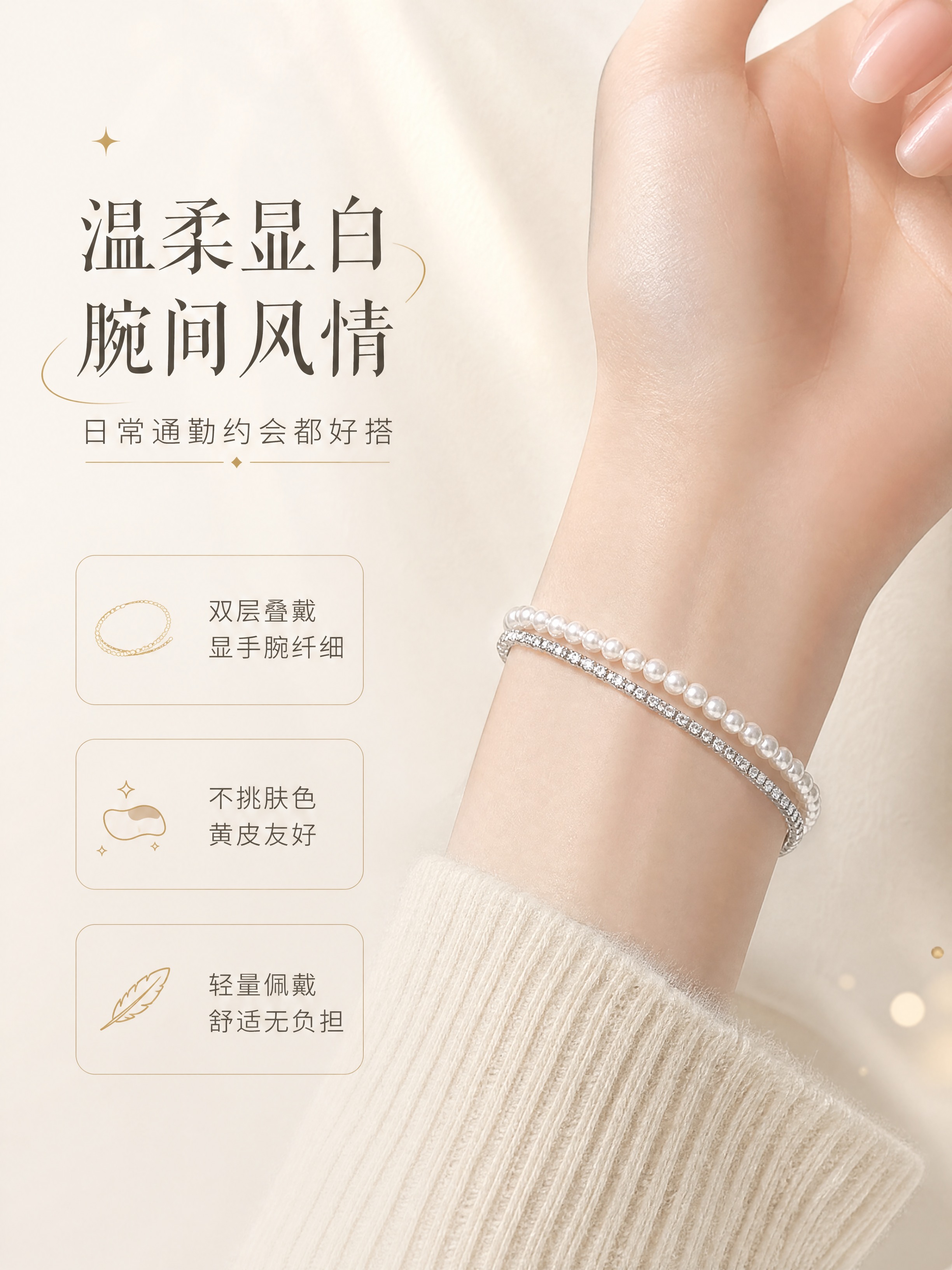 [商品] 使用【图3】珍珠锆石双层手链佩戴图；保留双层手链结构… - 图片创意预览