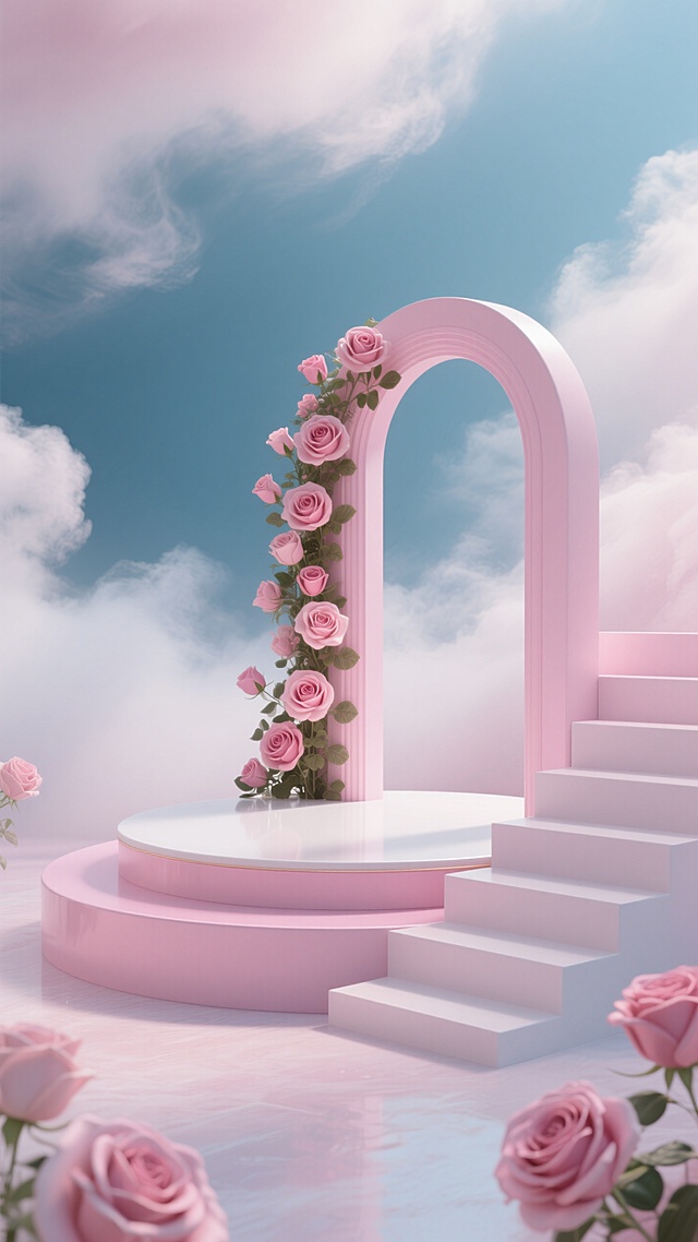 粉色拱门与玫瑰，云端背景，梦幻浪漫，软3D风简约设计。