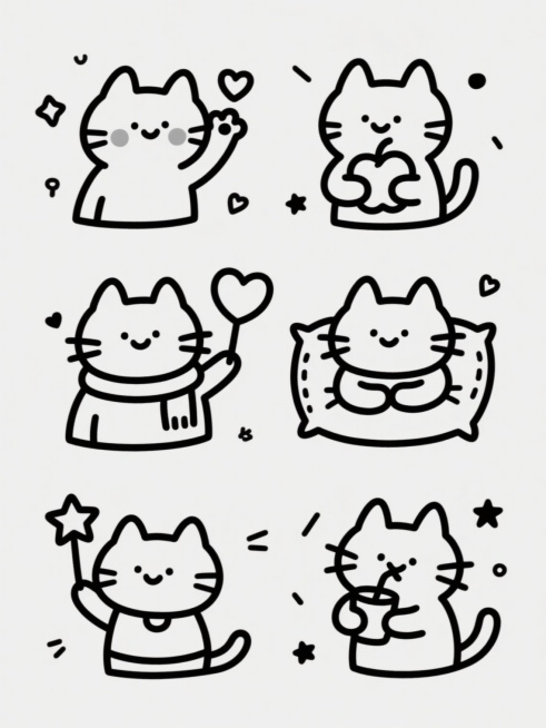 一套由6只不同造型小猫组成的简笔画，每只小猫都采用圆润可爱的轮廓，线条简单流畅，仅使用黑色单色勾勒。第一只小猫举起一只爪子，掌心朝向自己，脸颊旁有一颗小心心；第二只小猫双手抱着一个苹果，嘴角微微上扬；第三只小猫脖子上系着围巾，右手拿着一个心形气球；第四只小猫双手抱着一个枕头，身体微微前倾；第五只小猫举着一颗星星，穿着简单的小衣服；第六只小猫双手捧着一个带吸管的杯子，正低头品尝。每只小猫周围都点……预览效果