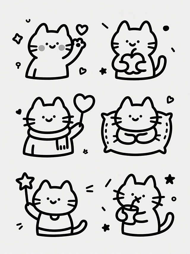 一套由6只不同造型小猫组成的简笔画，每只小猫都采用圆润可爱的轮廓，线条简单流畅，仅使用黑色单色勾勒。第一只小猫举起一只爪子，掌心朝向自己，脸颊旁有一颗小心心；第二只小猫双手抱着一个苹果，嘴角微微上扬；第三只小猫脖子上系着围巾，右手拿着一个心形气球；第四只小猫双手抱着一个枕头，身体微微前倾；第五只小猫举着一颗星星，穿着简单的小衣服；第六只小猫双手捧着一个带吸管的杯子，正低头品尝。每只小猫周围都点缀着小星星、小爱心和短线条等装饰元素，整体风格统一，充满童趣和简洁的设计感。