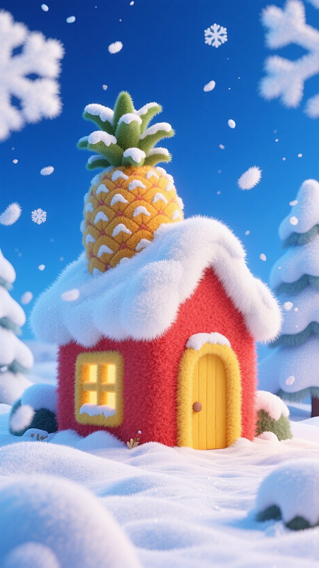画面中心是红色小房子（黄色门和窗），屋顶覆盖白雪，房顶上有一个巨大的被雪覆盖的菠萝，深蓝色天空，周边飘着白色雪花，地面有积雪
