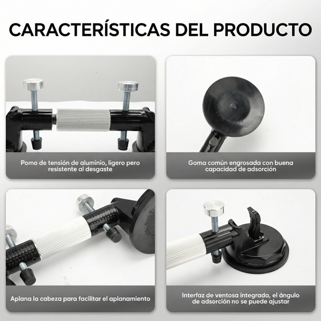 将图片中的英文替换为西班牙语：标题“CARACTERÍSTICAS DEL PRODUCTO”，下方文字分别为“Pomo de tensión de aluminio, ligero pero res预览效果