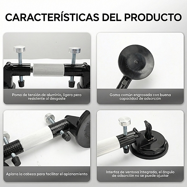 将图片中的英文替换为西班牙语：标题“CARACTERÍSTICAS DEL PRODUCTO”，下方文字分别为“Pomo de tensión de aluminio, ligero pero resistente al desgaste”“Goma común engrosada con buena capacidad de adsorción”“Aplana la cabeza para facilitar el aplanamiento”“Interfaz de ventosa integrada, el ángulo de adsorción no se puede ajustar”
