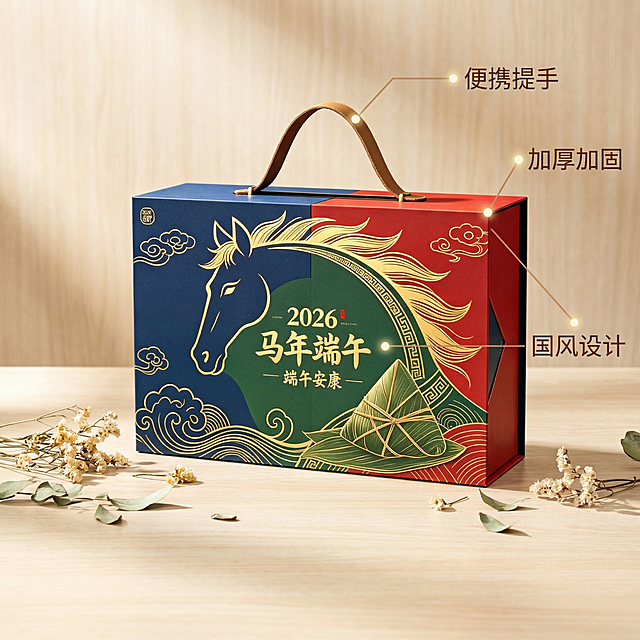 [主图 2] 核心卖点导图展示
[氛围风格] 田园治愈风，自然清新氛围感。
[画面元素] 商业摄影质感，光线柔和通透，产品清晰真实、画面干净高级。基于原产品设计，保留马年高端定制礼盒完整外观，使用极细引线标注产品三大核心卖点：便携提手、加厚加固、国风设计，每个引线末端配浅色定位光点，背景为浅原木色干净背景，点缀零散干花装饰，整体风格清新。保留原产品所有外观细节不变，仅添加卖点标注。
[配色色系] 主色调：浅原木米白；辅助色保留产品原红蓝绿撞色，引线用浅棕色。
[视角构图] 平视居中，产品主体完整展示。
[文字版式] 每个引线末端对应卖点文字，深棕色小号清晰字体，不遮挡产品主体，信息层级分明。
[比例分辨率] 1:1 比例，2k 分辨率；文字清晰可辨，超高清。
[负向提示词] 变形，水印，文字错乱，产品图模糊，背景杂乱，配色刺眼。