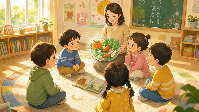 温柔老师端大玻璃碗走进教室，六孩子转身看，碗里蔬菜块闪亮，儿童绘本，暖色调
