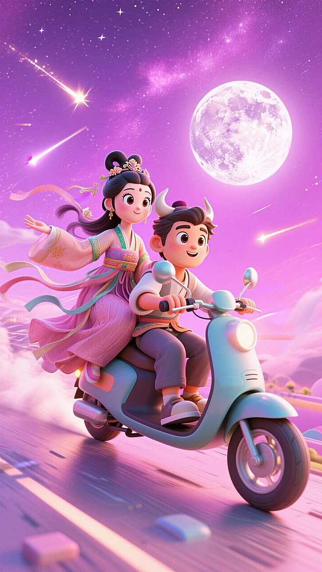 牛郎骑着电动车载着织女驶向月球，人物大眼睛古代装扮，紫粉色星空，浪漫感氛围，流星闪过