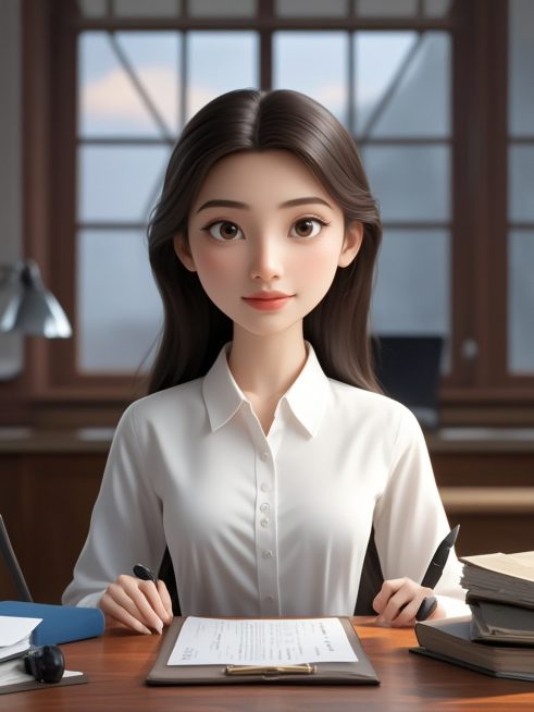 迪士尼风格，3D角色，一名20多岁的中国女律师，五官精致，背景有地办公桌、落地窗、文件预览效果