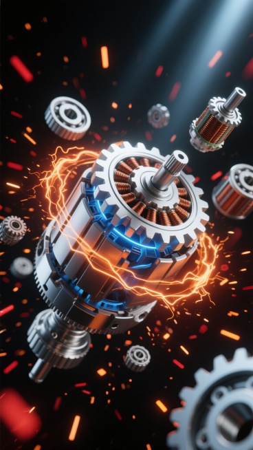高端3D渲染的电机内部结构爆炸图，金属质感的银色齿轮与铜色线圈精密咬合，蓝色和橙色的能量光环环绕旋转，产生动态电流效果，黑色背景中散落着红色和橙色的粒子火花，营造出科技感与未来感，光线从右上角斜射而下形成渐变光影，突出机械部件的细节和立体感，不同样式的电机组件悬浮展示，齿轮、轴承、线圈等核心元素清晰可见，整体构图呈现出强烈的视觉冲击力和科技氛围。预览效果
