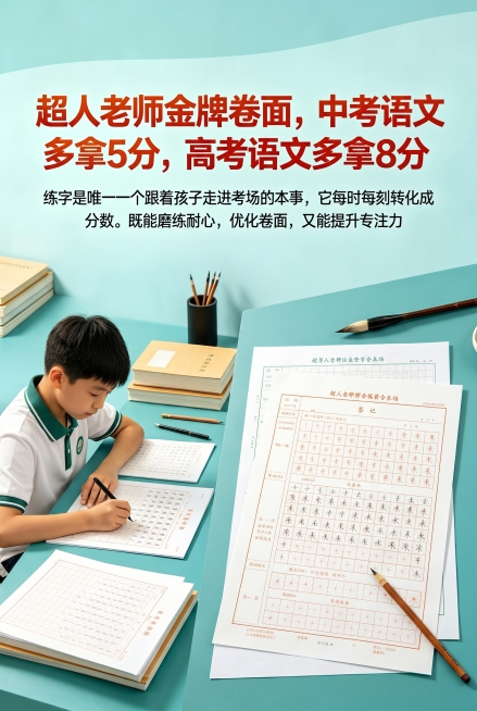参考原图生成，画面包含一位穿白绿校服的小男孩在青蓝色书桌前练字，旁边摆放书本、毛笔、书法练习纸，保留文案内容：超人老师金牌卷面，中考语文多拿5分，高考语文多拿8分，练字是唯一一个跟着孩子走进考场的本事预览效果