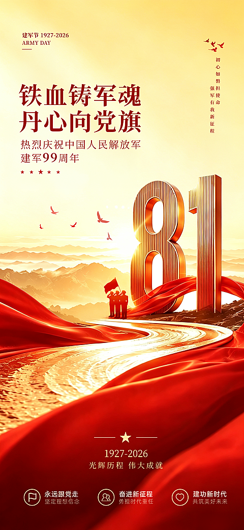建军节节日祝福政务感全屏竖版海报