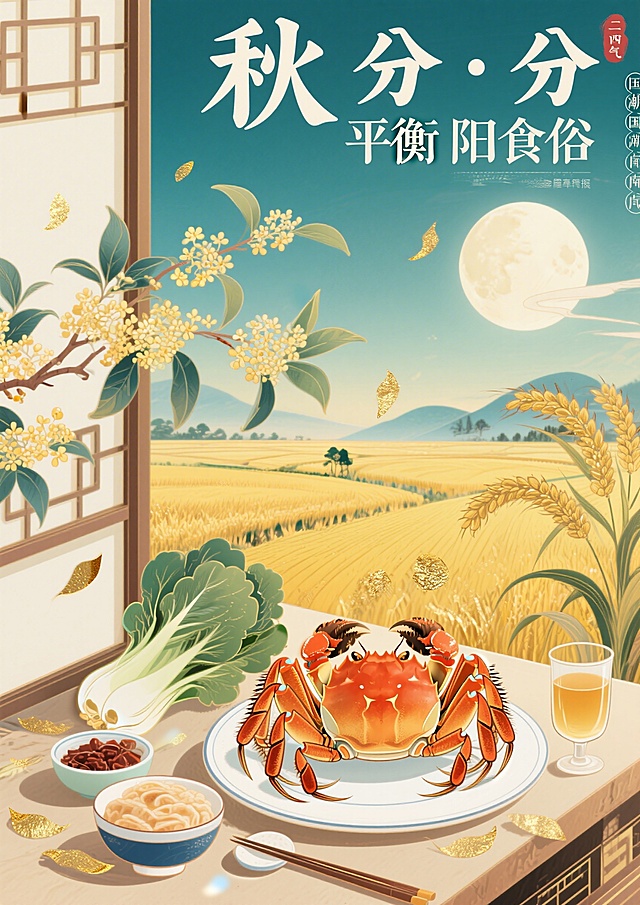 国潮插画风格，二十四节气秋分饮食指南海报，画面主体是螃蟹、秋菜、桂花酒等秋分传统食物，搭配盛放的桂花、金黄稻田、秋月等秋分节气元素，顶部有文字"秋分·平衡阴阳食俗"，整体色调温暖明亮，传统国风配色，适合上墙展示