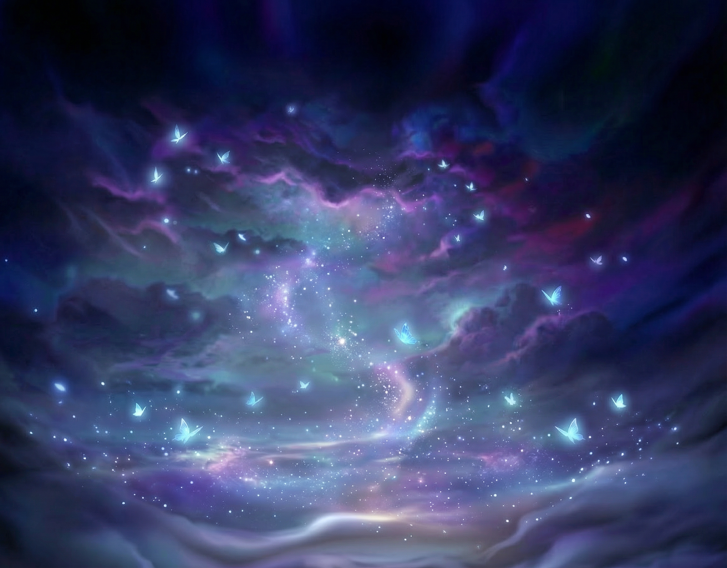保留背景元素，去掉画面中的人物，保留原有的紫蓝色星空云层、发光… - 图片创意预览