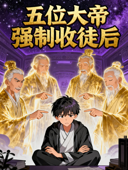 画面中央是表情无奈、被迫营业的主角林辰，周围环绕五个风格各异的帝境虚影老人或中年人，有的严肃、有的嬉皮笑脸、有的闭目养神，五帝各伸出一根手指指着林辰，动作搞笑，背景为深邃星空紫的青史卷内部空间，主色调预览效果