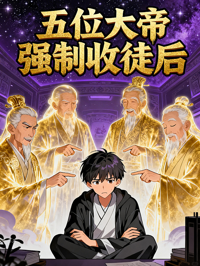 画面中央是表情无奈、被迫营业的主角林辰，周围环绕五个风格各异的帝境虚影老人或中年人，有的严肃、有的嬉皮笑脸、有的闭目养神，五帝各伸出一根手指指着林辰，动作搞笑，背景为深邃星空紫的青史卷内部空间，主色调金+紫+黑白，五帝虚影为半透明金色，主角为实色，画面上方有金碧辉煌的帝王字体主书名“五位大帝强制收徒后”，整体风格突出被迫变强的反差萌，兼具轻松感与师徒感