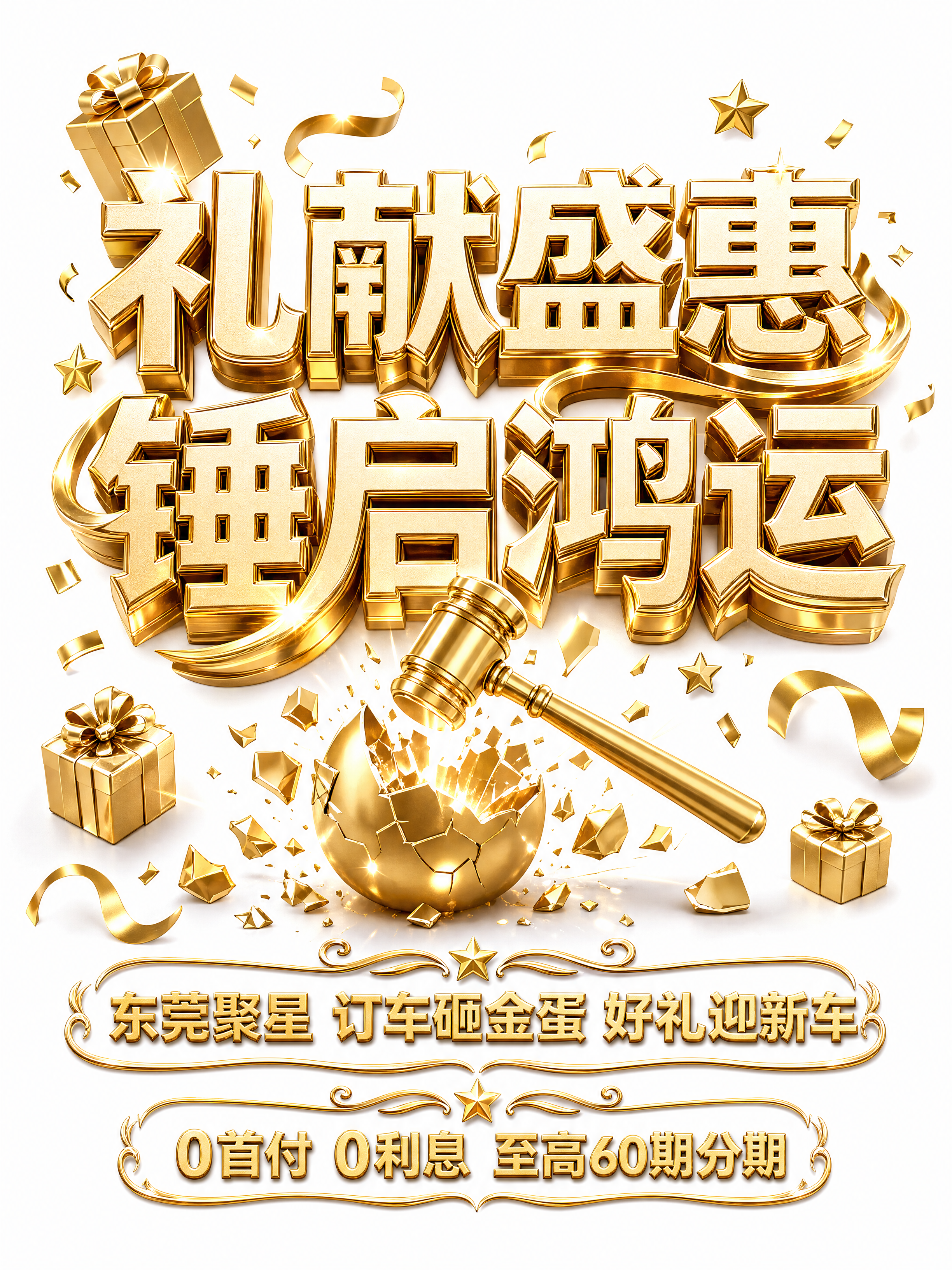 干净的纯白色背景。3D艺术字体设计，主标题“礼献盛惠 锤启鸿运… - 图片创意预览