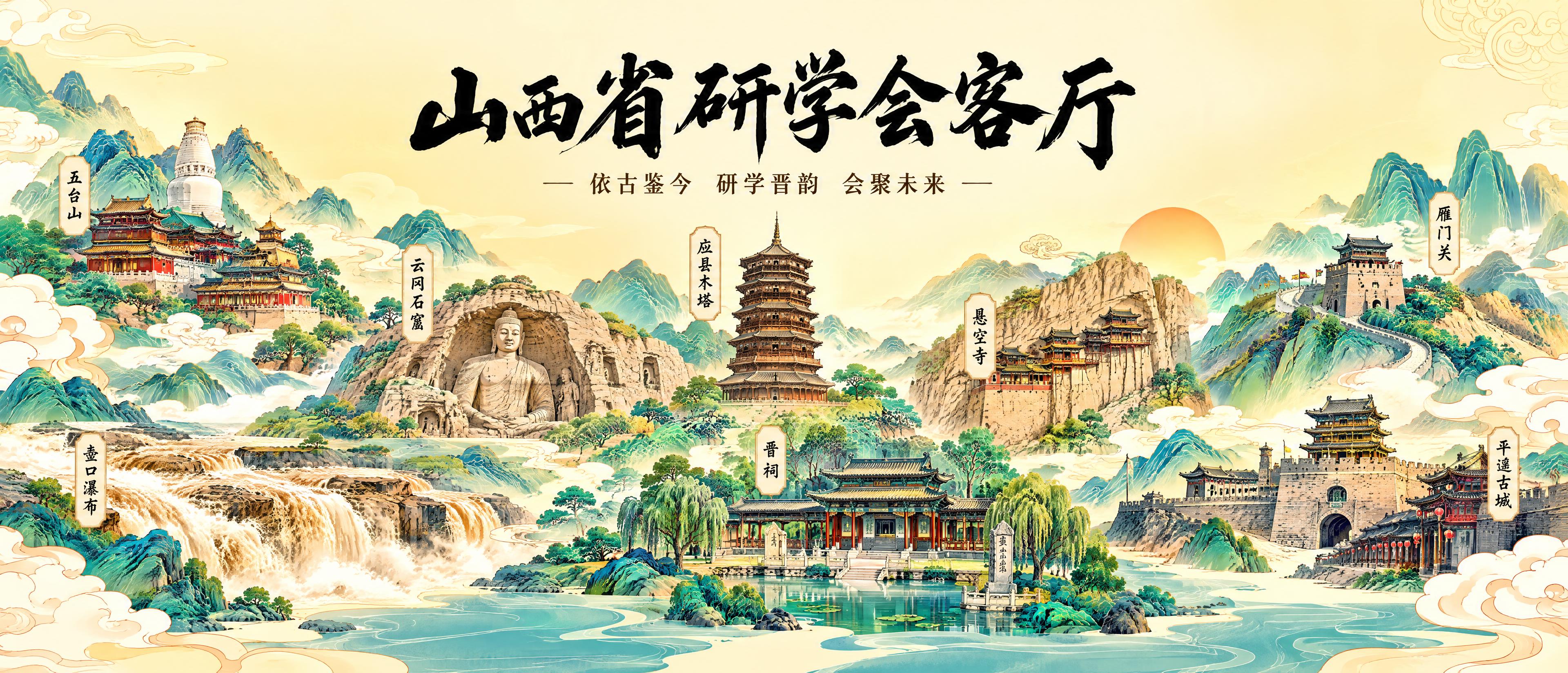 参考图中国风国潮插画风格，画面内容为山西省研学会客厅主题，背景… - 图片创意预览