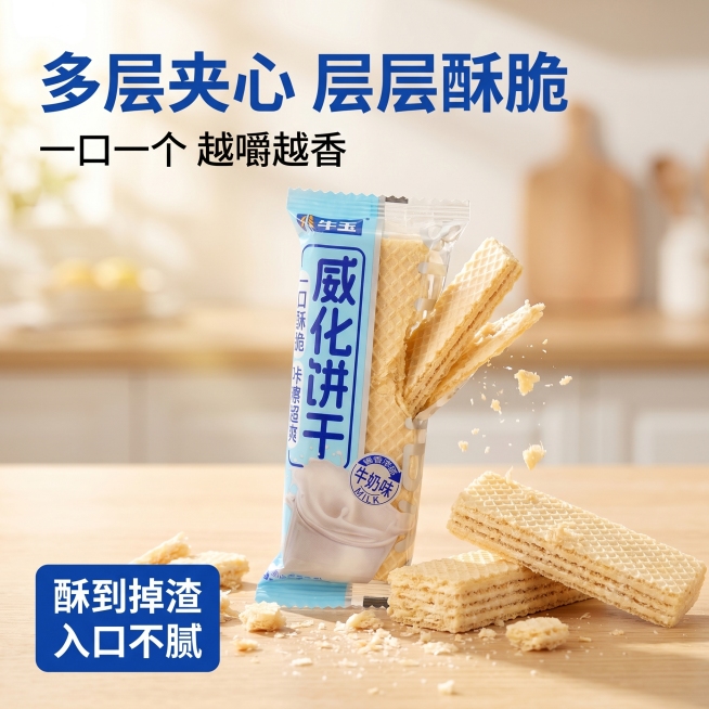 [主图 1] 拼多多威化饼干首图，展示产品与酥脆掉渣的诱人状态
[氛围风格] 清新食欲感，大字直白的拼多多风格
[画质] 商业摄影质感、光线柔和通透、产品清晰真实、画面干净高级
[元素] 保持牛奶味威预览效果