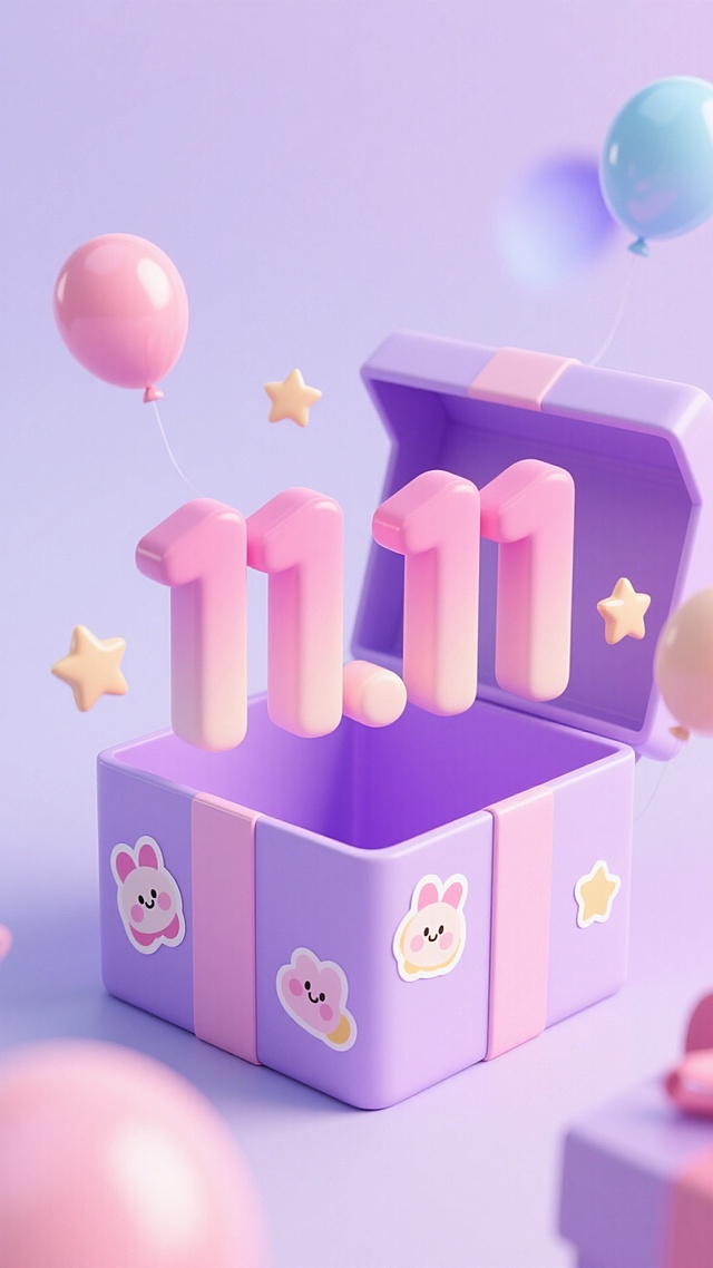 软3D风格的紫色礼盒中跃出粉嫩“11.11”，搭配卡通贴纸与漂浮气球，营造甜蜜可爱氛围，轻拟物设计融合塑料质感，传递节日惊喜。