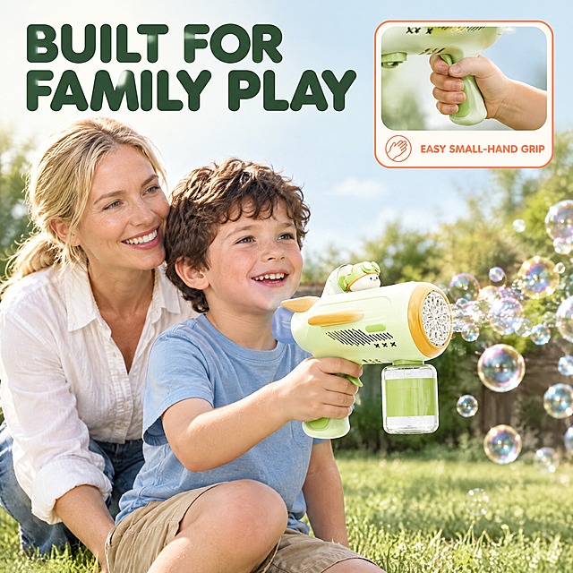 [主图-4 亲子真实场景与人群适配] 商品名称：Mint Green Handheld Bubble Gun with Detachable Solution Bottle。唯一任务：说明谁来玩、在哪里玩，以及小手握持的轻松感。统一基调：全套主色系为清新薄荷绿与暖奶油白，强调色为珊瑚橙；背景使用奶油白到浅薄荷绿的柔和渐变；标题为深墨绿粗体圆角无衬线，辅助文字同字体家族常规字重且字号比主标题小一半以上；组件为圆角白色卡片配细珊瑚橙描边，图标为珊瑚橙线性图标，不使用厚重色块通栏与装饰边框。画面：欧美家庭后院草地，一位约 35 岁欧美女性（金色中长发扎低马尾、鹅蛋脸、白色棉质衬衫、牛仔长裤）半蹲在侧后方，与前述同一位约 7 岁欧美男孩（圆脸、短卷发深棕色、少量雀斑、浅蓝色短袖T恤、卡其色短裤）一起看向前方飘散的泡泡，男孩单手稳稳握持产品机身，出泡头朝向右前方，产品占画面 60% 左右、结构完整清晰；右上角开一个圆角小窗，显示男孩手掌自然包覆握把的局部特写作为尺度证据，小窗内标注"EASY SMALL-HAND GRIP"；主标题"BUILT FOR FAMILY PLAY"放左上负空间。光影质感：午后自然侧光，人物与产品的接触影真实，产品自然融入草地场景，无白底硬边。配色：薄荷绿与奶油白为主，草地绿与天空蓝只作环境色。文字版式：标题最大最粗，小窗名称横排、字号小一半以上。输出要求：1:1，文字不遮挡人脸与产品；负向：变形、多余手指、畸形手、肢体穿模、面部扭曲、真实品牌 Logo、水印、中文。