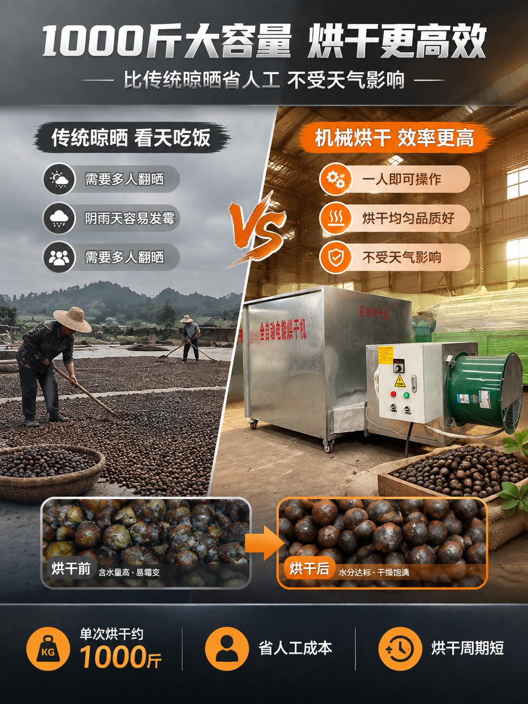 [详情页-5] 烘干效率与容量优势，1000斤大容量对比传统晾… - 图片创意预览
