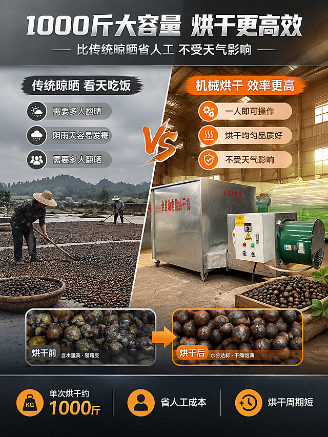 [详情页-5] 烘干效率与容量优势，1000斤大容量对比传统晾晒，突出效率提升与省人工。
[商品] 使用【图1】茶籽烘干机；保留完整外观，产品与传统晾晒场景形成对比。
[画面] 页面目标：证明烘干效率高、容量大、省人工，对比传统晾晒方式的优势。构图：左右对比布局，左侧传统晾晒痛点区（晒场、人工翻晒、阴雨天发霉等画面），右侧烘干机优势区（产品主体+茶籽烘干前后对比）；中间用VS或箭头分隔。上方主标题，下方数据对比条。景别：对比场景全景+产品中景。
[视觉] 套系策略：风格=高级工业质感商业摄影；标题字=粗黑工业风无衬线字体；正文字=简洁黑体；主色=深炭灰/金属灰；背景延展=左侧偏灰暗冷调（痛点），右侧偏暖亮调（优势），中间过渡；强调色=暖橙色，用于优势数据和高亮；标题色=白色；正文色=浅灰/中灰色；组件=对比分栏、数据大字、图标对比；光影=左侧阴天自然光偏暗，右侧工业照明明亮，形成对比。
[文字] 顶部主标题"1000斤大容量 烘干更高效"（10字），副标题"比传统晾晒省人工 不受天气影响"（14字）；左侧痛点："传统晾晒 看天吃饭"、"需要多人翻晒"、"阴雨天容易发霉"；右侧优势："机械烘干 效率更高"、"一人即可操作"、"烘干均匀品质好"；底部数据条："单次烘干约1000斤"、"省人工成本"、"烘干周期短"。全部横排。
[规格] 图片比例3:4竖版，2K分辨率，对比清晰，数据醒目，避免变形、错字、夸张对比、水印、平台Logo、虚假数据。