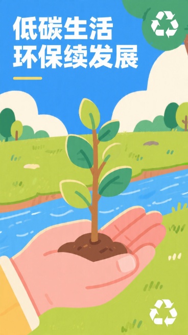 环保可持续发展海报，治愈系风格，手绘质感，画面中有手托着小树苗，背景有蓝天、草地、河流，角落带有循环利用符号，整体风格温暖柔和，色彩清新自然，字体简洁大方，传递人与自然和谐共生、低碳生活的环保理念预览效果