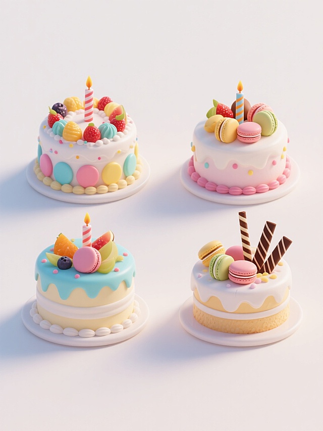 四个不同外观、样式、配色的生日蛋糕，白色背景，排列整齐，3D渲染风格，具有光滑细腻的奶油质感，柔和均匀的光影效果，高光与阴影过渡自然，每个蛋糕拥有独特的装饰元素，如彩色糖霜、水果、马卡龙、巧克力棒等，整体色彩鲜艳和谐，构图对称平衡，呈现出精致诱人的视觉效果，细节丰富，立体感强，符合生日庆祝的欢快氛围。