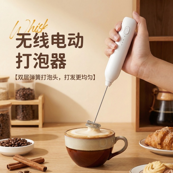 这是一款咖啡打泡器，换个背景，要温馨一点，把里面的鸡蛋换成咖啡。杯子也换掉，要符合逻辑，添加【无线电动打泡器】【双层弹簧打泡头，打发更均匀】文字预览效果