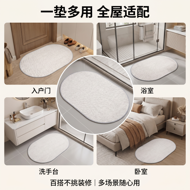 [主图 4] 仿亚麻地垫全屋适配例图，多场景小图拼接排版，画面中心为产品主视觉椭圆形仿亚麻地垫，四周环绕4个适配场景小图，分别为：入户门前场景、浴室干湿分离门口场景、洗手台旁场景、卧室床边场景，每个场预览效果