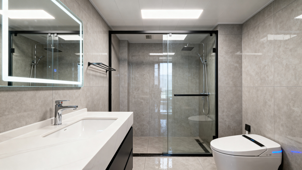 高清横版卫生间图片，现代简约风格，干净整洁，光线明亮自然，高清细节丰富预览效果