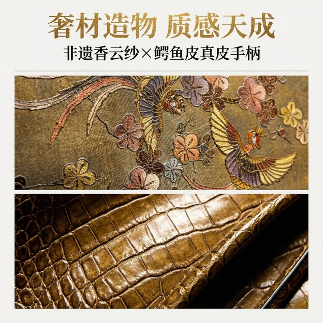 严格还原参考图托特包香云纱包身的复古金棕光泽、鳄鱼皮手柄的纹理质感。画面分上下两部分，上半部分为香云纱包身面料特写，下半部分为鳄鱼皮手柄特写，画面上方居中添加主标题"奢材造物 质感天成"（书法烫金字体预览效果