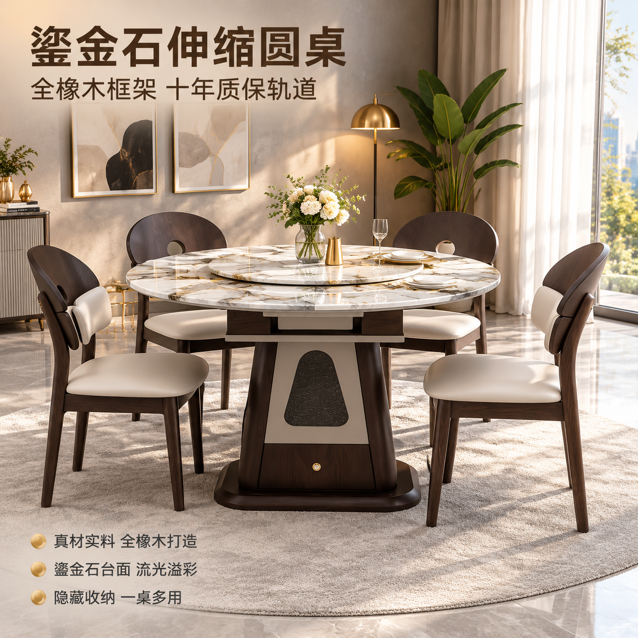 [主图-1] 主题：轻奢餐厅空间场景与氛围，展示鎏金石伸缩圆桌… - 图片创意预览