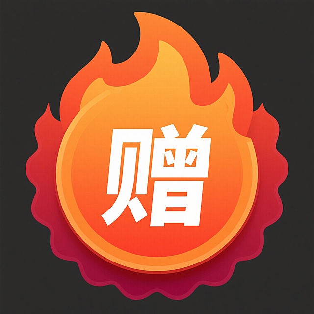 电商促销标签设计，圆形徽章主体，内部填充从中心亮橙色向外渐变至边缘深红色的火焰状图案，火焰顶部有自然卷曲的火苗造型，徽章中央位置有一个醒目的白色“赠”字，字体为无衬线粗体，字号较大以确保视觉突出，整体设计简洁明快，色彩鲜明具有强烈的视觉冲击力，适合作为电商平台的赠品标识，能够快速吸引用户注意力并清晰传达赠送信息。