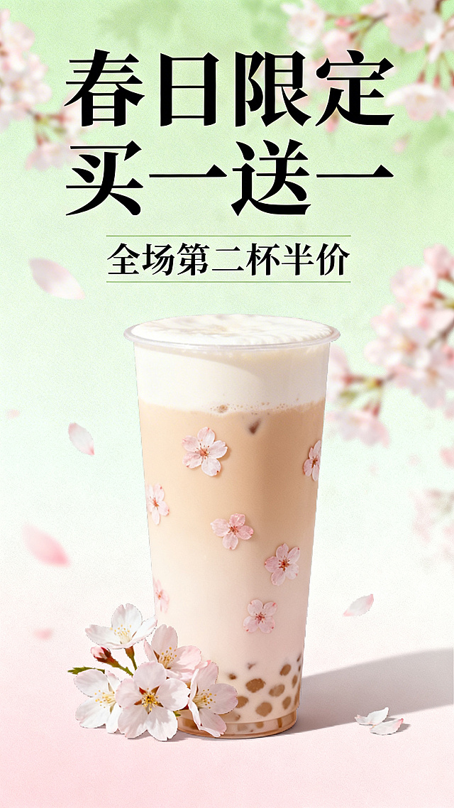 春日奶茶店促销海报，风格清新治愈，主色调淡绿搭配浅粉，添加樱花元素，背景为春日渐变樱花背景，简约排版，主标题文字为"春日限定买一送一"，副标题文字为"全场第二杯半价"，整体清新自然适合商业宣传