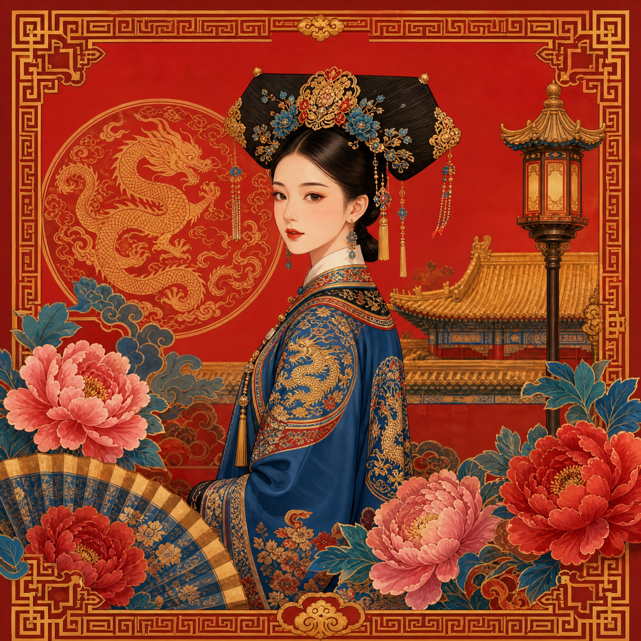 国潮插画，满族主题，一位满族格格身着旗装，头戴大拉翅旗头，站在… - 图片创意预览